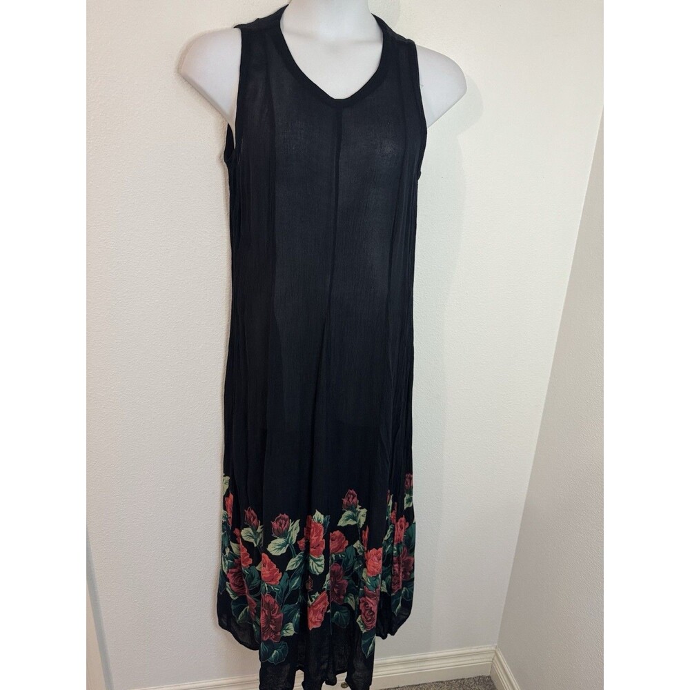 VINTAGE Nostalgia Dress Maxi 90s Black Floral Tank Back Tie Rayon Boho Large